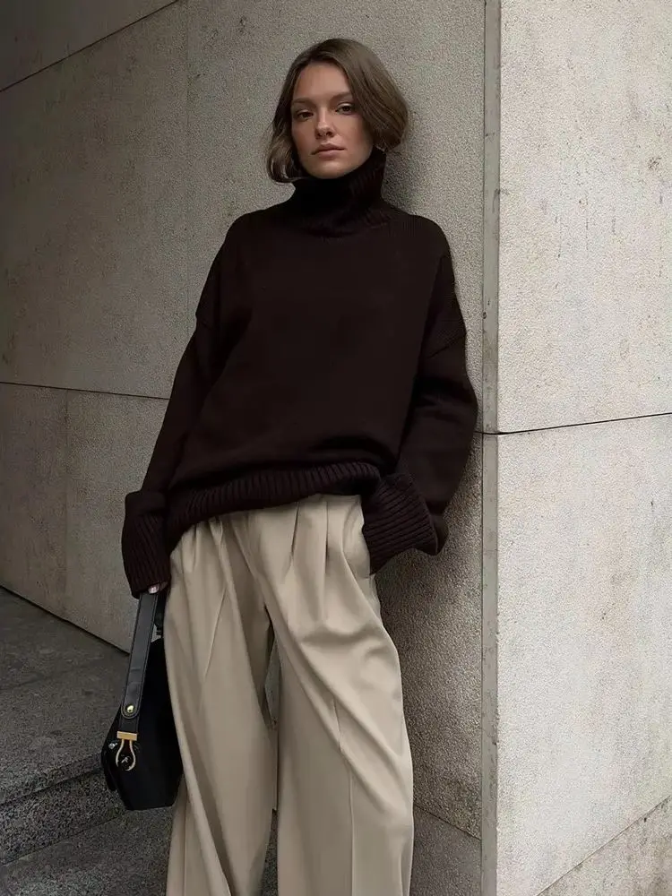 

Женский трикотаж, модный пуловер, водолазка, топ, повседневный элегантный свободный однотонный женский свитер в рубчик с длинными рукавами