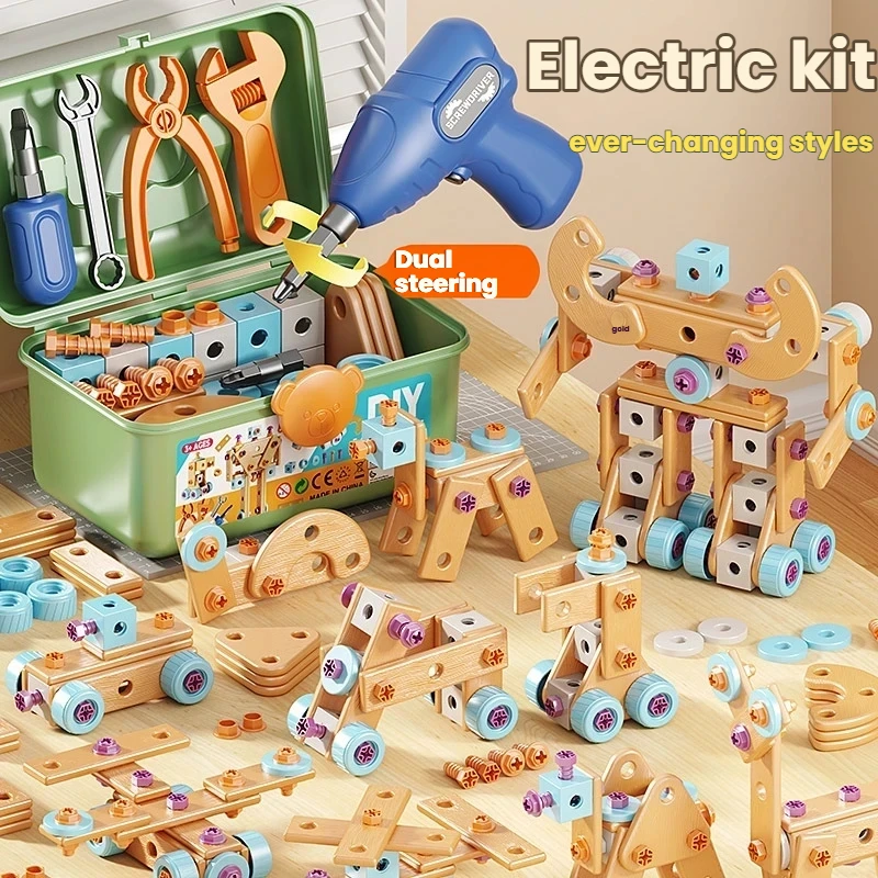 New Kids Tool Set DIY Nut Assembly Toy Kit STEM Building Tools Montessori Toys Gifts for Boy Girl Electric Drill Tool Box