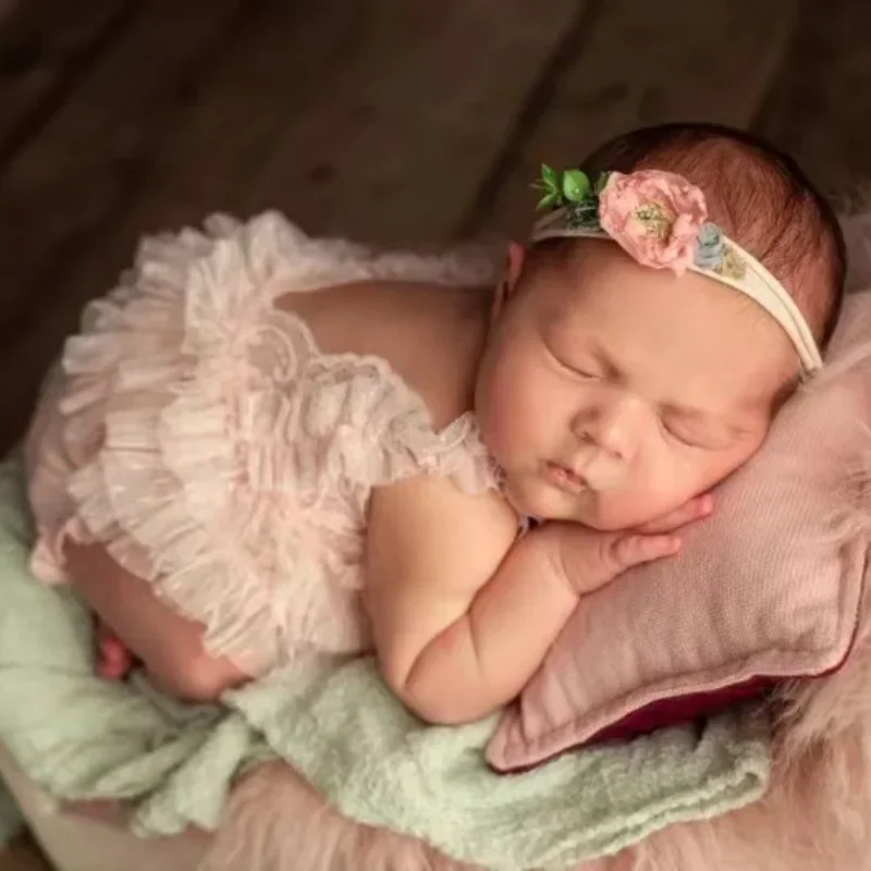 

Newborn Photography Outfits Clothes Big Bowknot Baby Lace Romper Hairband Blue Suspender Trousers Photo Shooting Overalls
