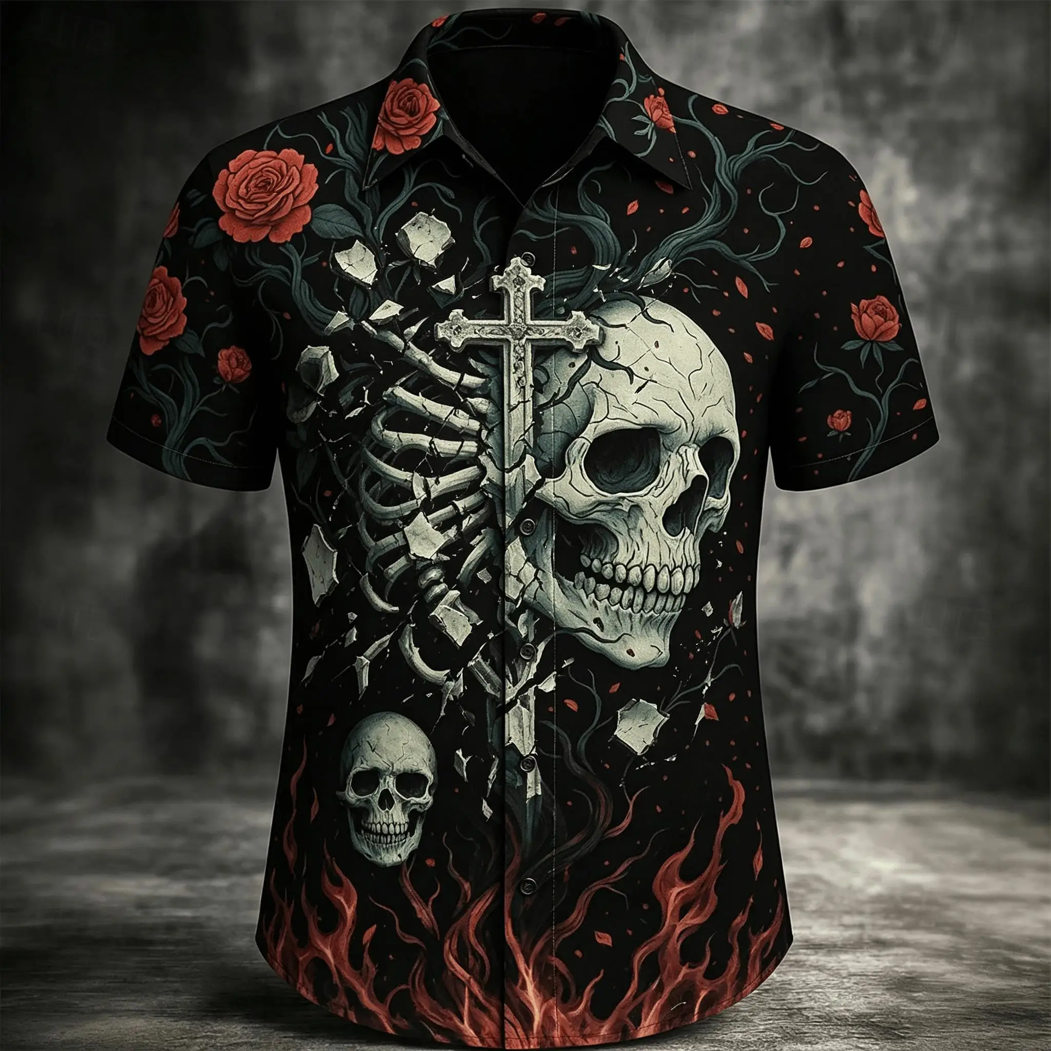 

Men's Gothic Skull Rose Cross Flame Print Short Sleeve Shirt, Dark Aesthetic Spring Summer Wear
