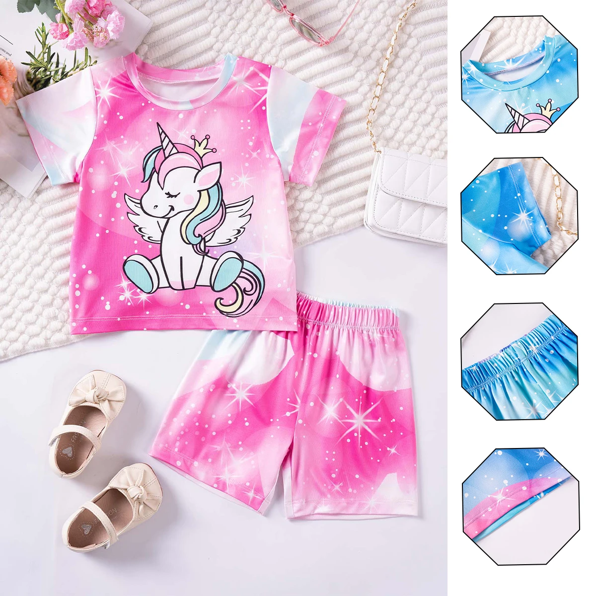 Toddler Summer Set Fashion Tie-Dye Kids Unisex Clothes Printed Two Piece Unicorn Short Sleeve Top + Shorts Soft and Smooth