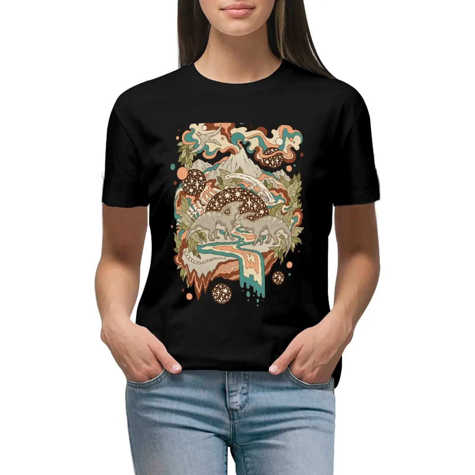 

Lost Portal: Parasaurolophus Retro Rainbow Palette Dinosaur Science Fiction Art T-Shirt shirts graphic tees anime tshirts woman