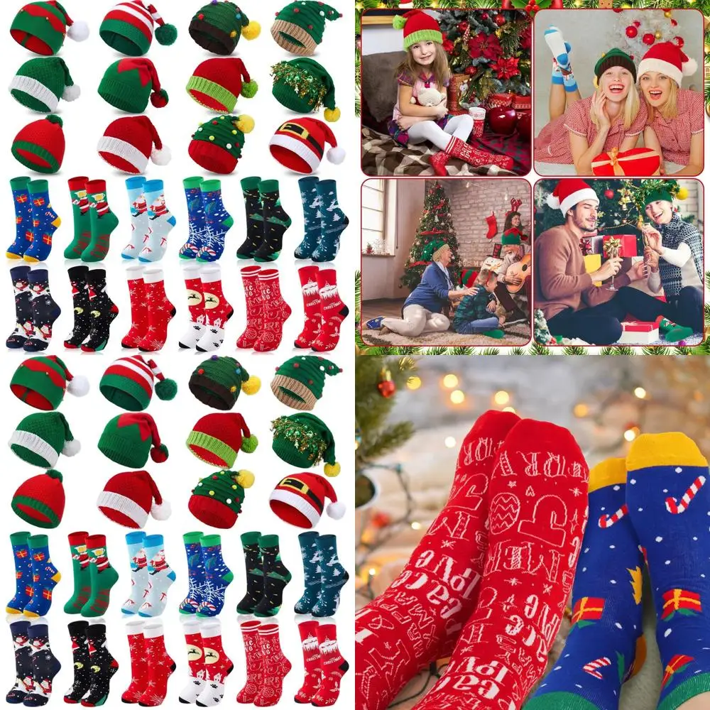 

24-Piece Holiday Knit Hat & Sock Set: 12 Beanie Caps & 12 Crew Socks for Unisex Winter Festive Wear