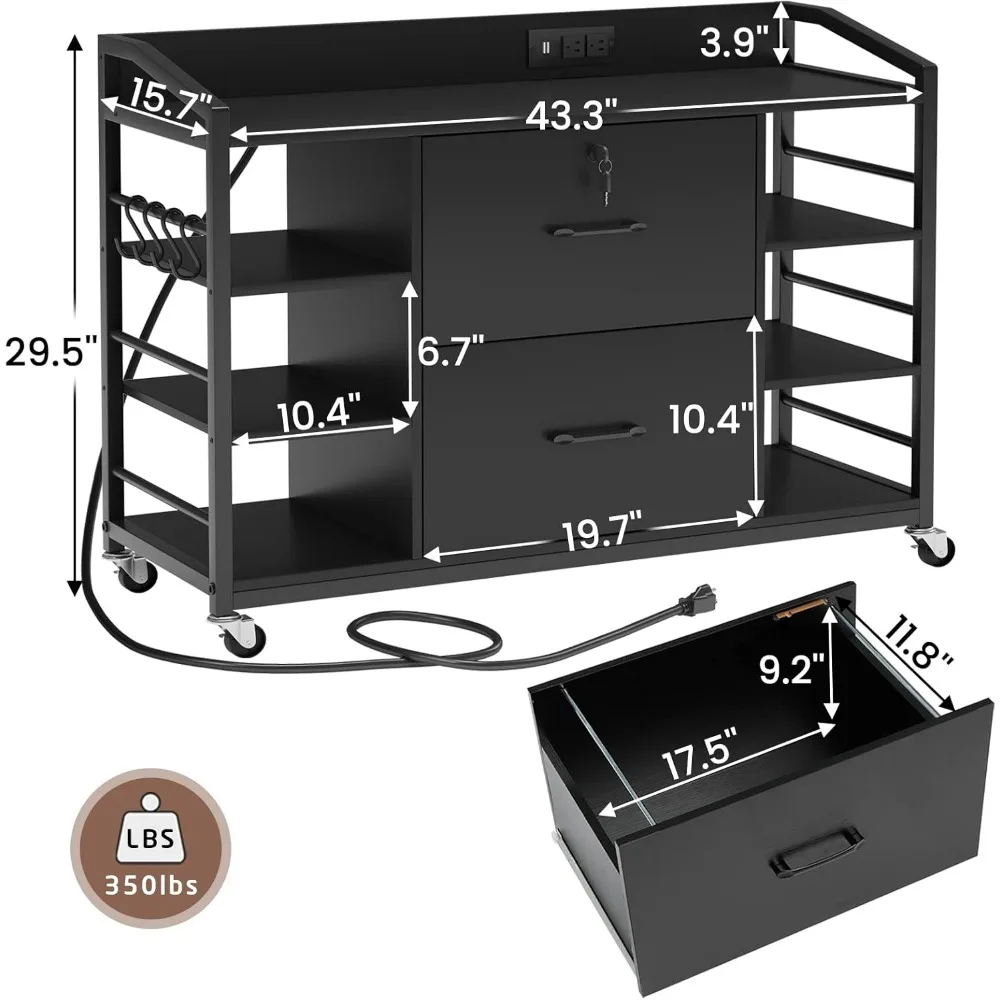 Filing Cabinets fits Legal, Letter,  2 Drawer Office File Cabinet for Home Office with Lock, Power Strip, 6 Adjustable Shelves