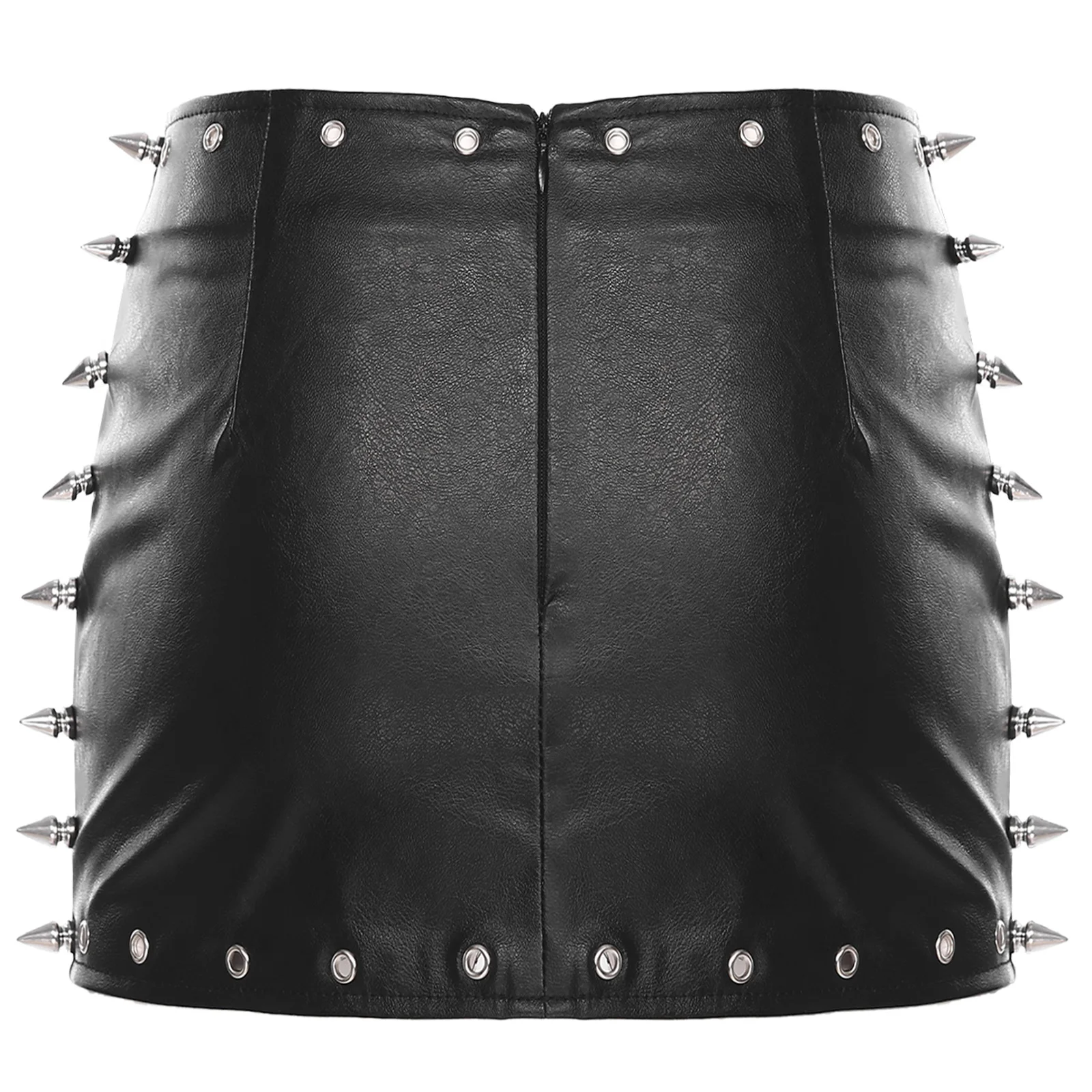 Women PU Leather Short Skirt Punk Stylish High Waist Hip Hugging Skirt Rivest Pockets Zipper A-line Skirt Mini Skirt Clubwear
