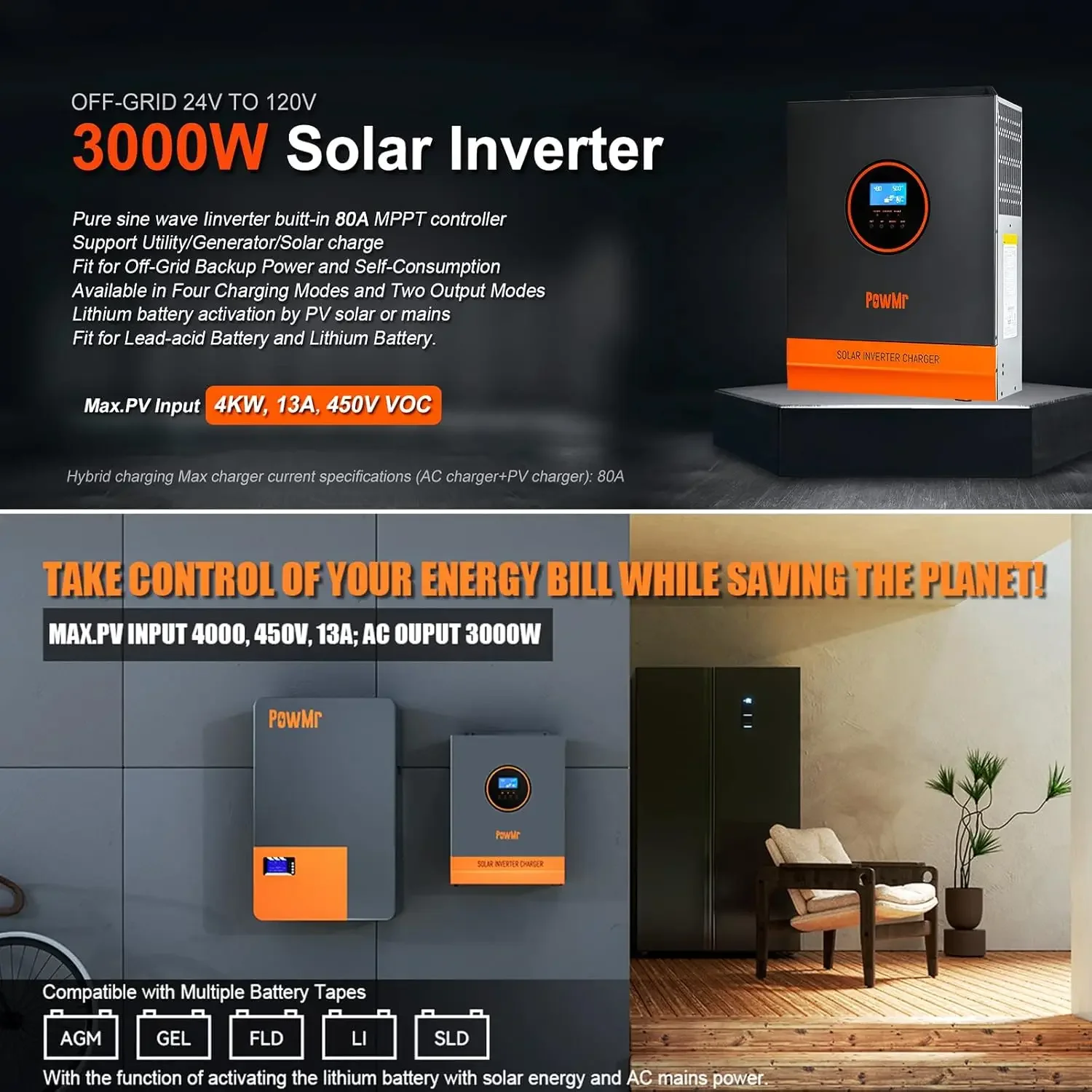 3000W Solar Inverter 24V to 120V with 80A MPPT Controller & 10 AWG Solar Extension Cables