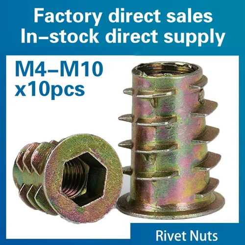 Rosca de aleación de Zinc para tuercas de inserción de madera, cabeza de accionamiento hexagonal con brida, Tuercas para muebles M4, M5, M8, 10 Uds./lote