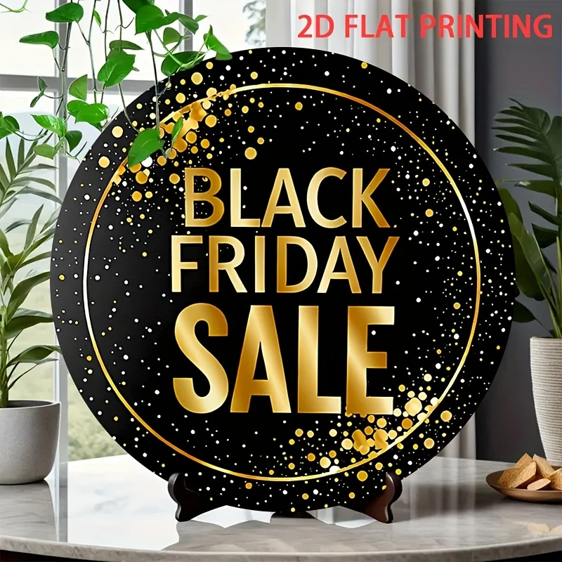 Letrero plano 2D del Black Friday de 1 pieza: texto dorado sobre fondo negro, decoración colgante de puerta de hierro resistente para tiendas minoristas, hogar
