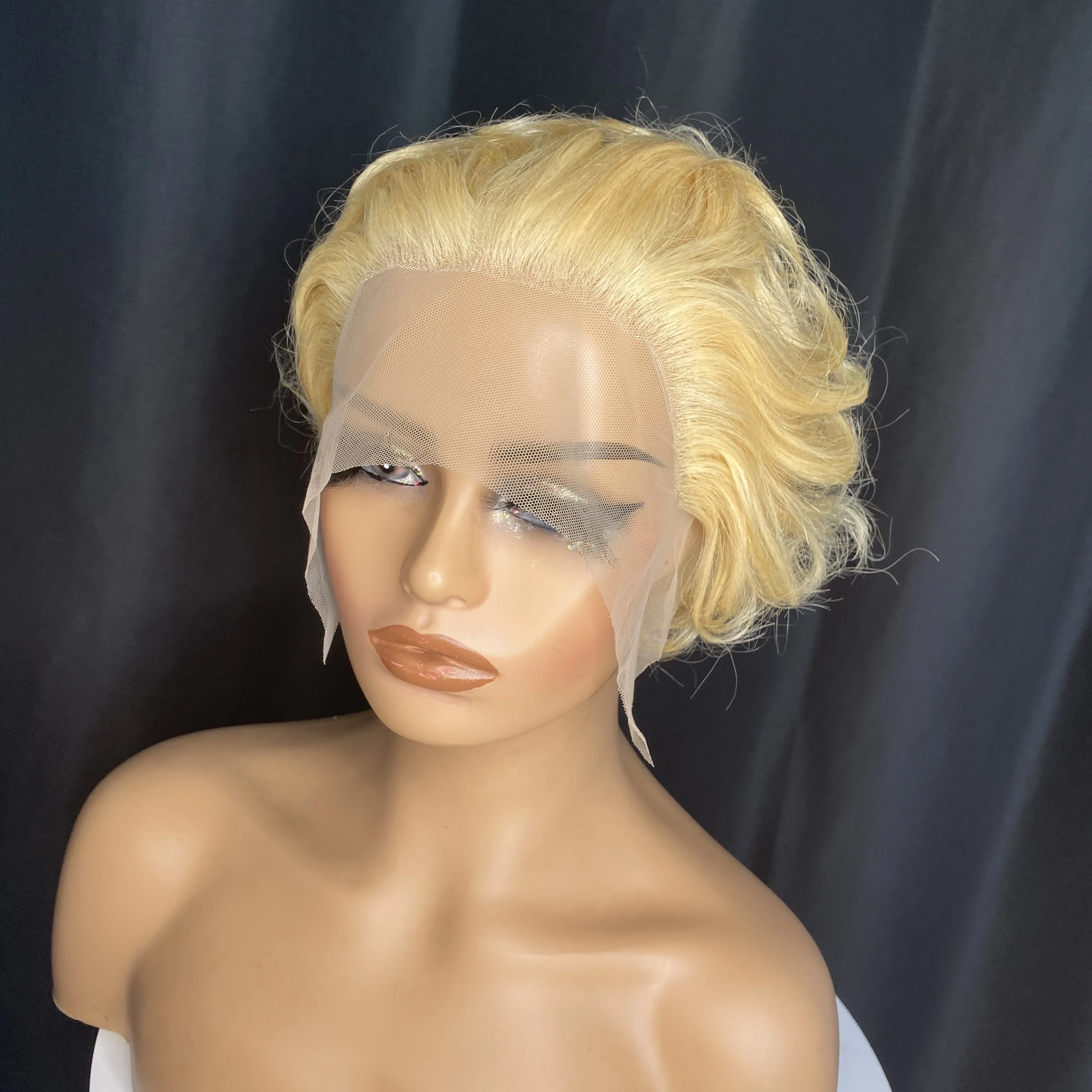 613 Blonde Short Pixie Cut Wig Human Hair Curly Human Hair 13x1 Part Lace Wigs For Women Loose Curly Wig