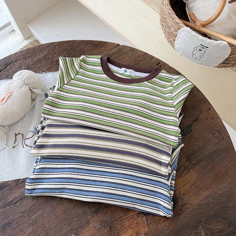 2-10T Toddler Kid Tshirt Baby Boy Girl Clothes Striped Cotton T Shirt Casual Plain Autumn Winter Basic Tee Top Outfit