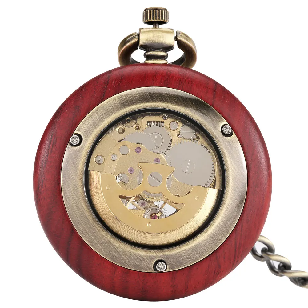 Vintage Red Wooden Case Mechanical Pocket Watch Chain Automatic Self-wind Watches Fob Open Face Unisex Clock Gifts for Men Women