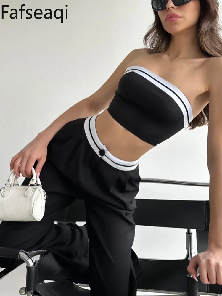 Sexy Women\'s Tracksuit with Boob Tube Top Slash Neck Contrast Color Wide Leg Trousers Sports Suit for Women Two Piece Set Outfit