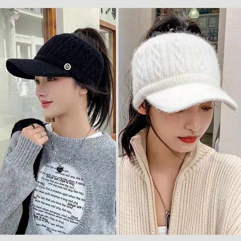 Leere Top-Sport-Strickmütze, Damen-Pferdeschwanz-Entenschnabelmütze, vielseitig einsetzbar im Herbst und Winter, mit Plüsch-Wollmütze für den Außenbereich – Detail 1