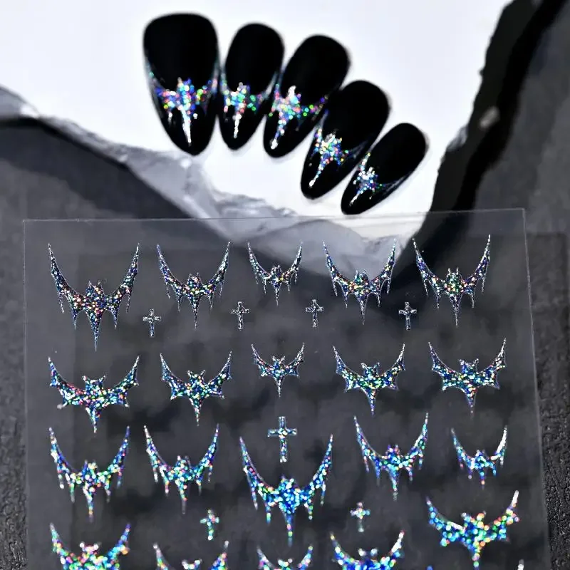 1sheet Halloween  Dazzling Laser Gothic Dark Bat Cross Adhesive Nail Art Stickers Decals Manicure Shiny Red Silver Black Charms
