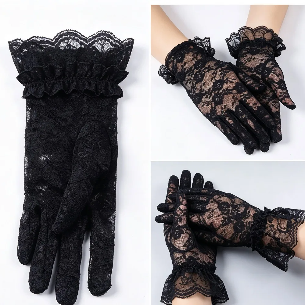 Women Thin Mesh Lace Full Finger Gloves, Ruffle UV‑Proof Driving Mittens, Lightweight Breathable Sun Protection Hand Accessories