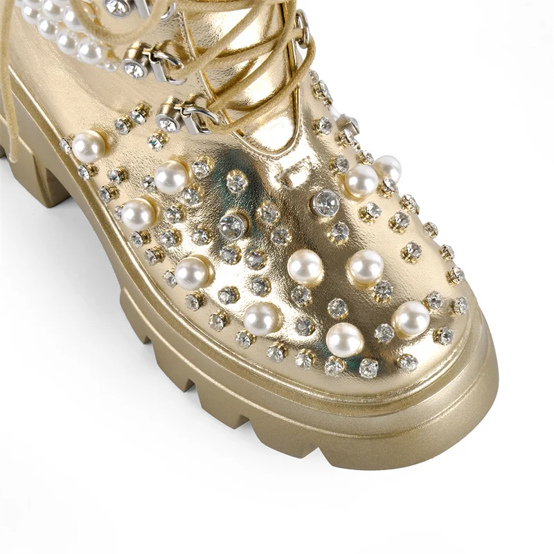 

Onlymaker Women Gold Pearl Metallic Platform Combat Boots Rhinestone Embellished Lace Up Crystal Studded Plus Size Ankle Boots