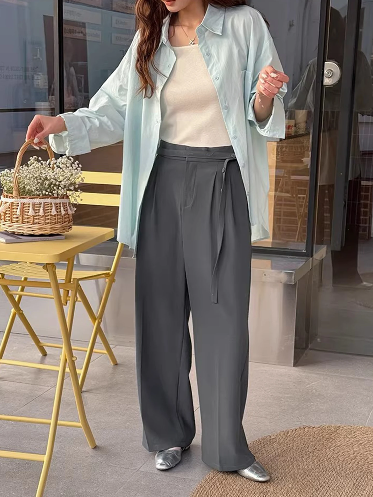 High Waist Tuxedo Pants Women's Casual Loose Fit Floor Length Design Sense Wide Leg Pants Commute Sle Polyester Fiber