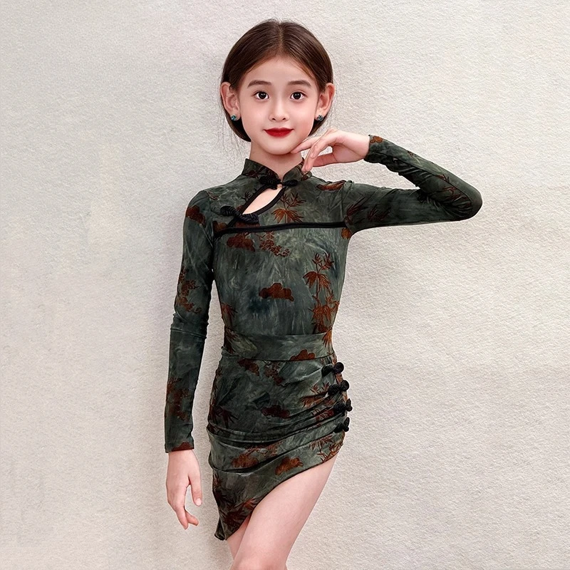 

Китайское винтажное платье для латинских танцев для девочек, наклонная юбка, детский сценический костюм, одежда для танцев танго