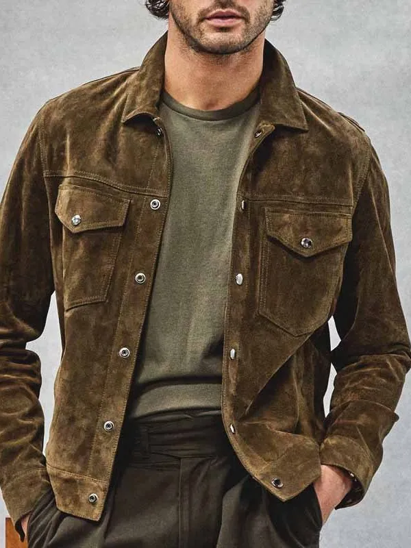 

Men's Suede Leather Jacket Vintage Collar Workwear Long Sleeve Cleanfit Cotton PU Leather Wear Resistant Daily Casual Shirt