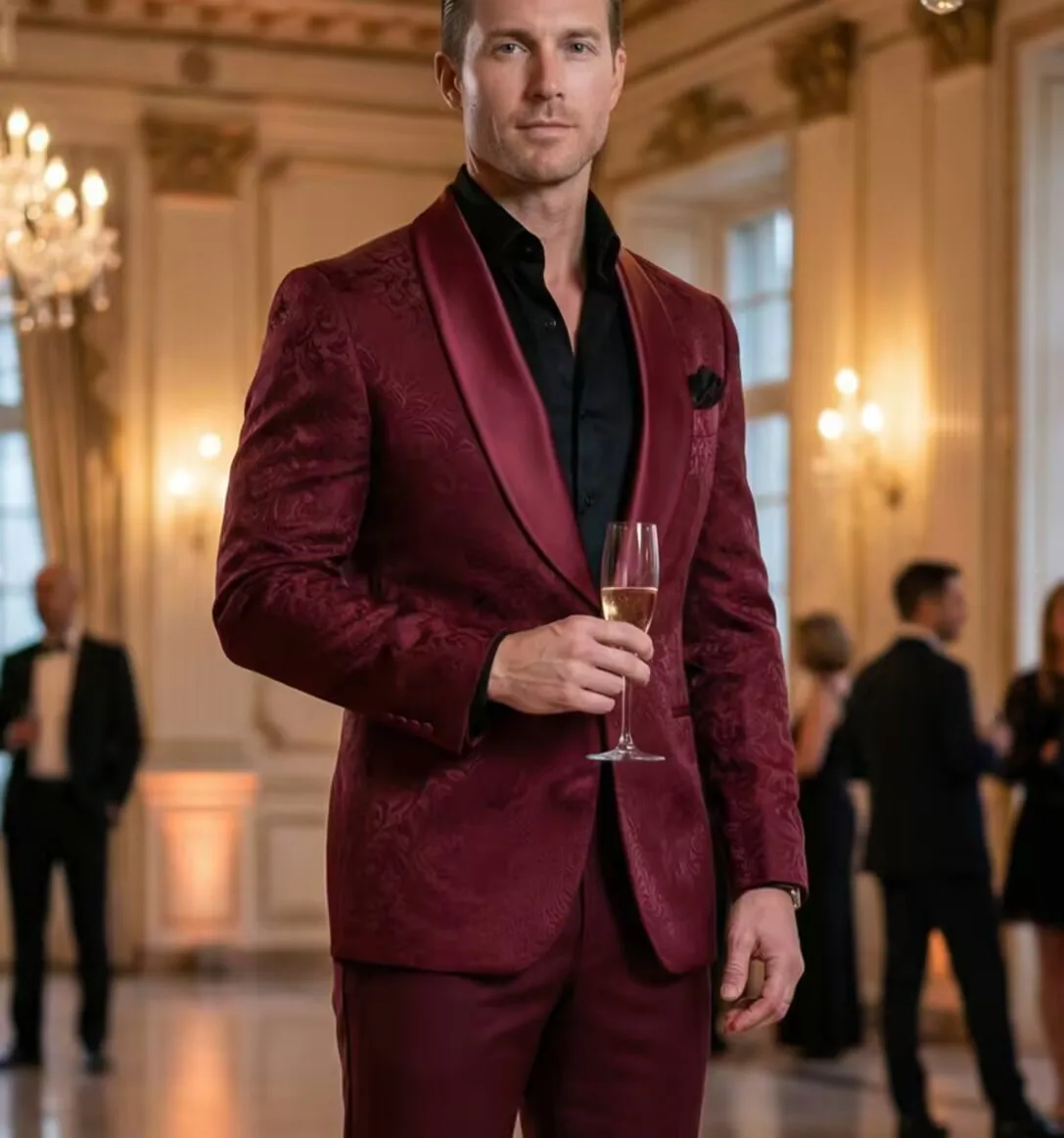 

Костюмы для жениха и свидетелей: бордовые, с атласным лацканом-шалью, 2 предмета, для свадьбы