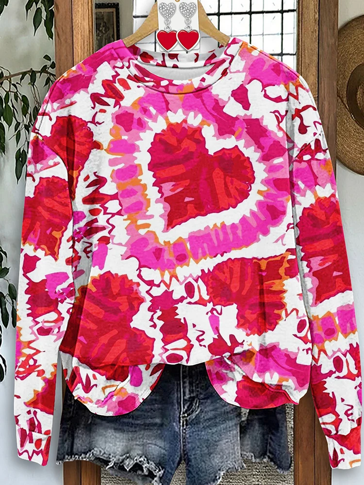 Valentine's Day Tie-Dye Heart Print Sweatshirt