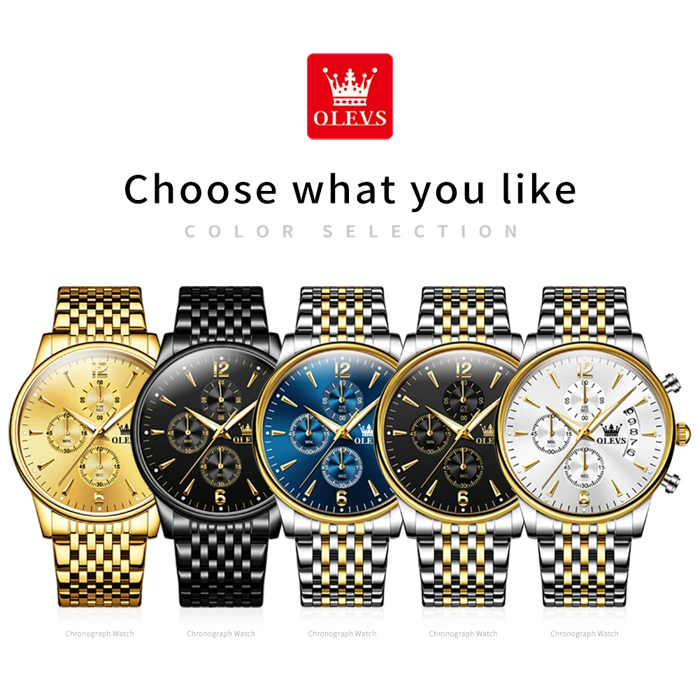 นาฬิกาข้อมือผู้ชายแบรนด์หรู OLEVS รุ่นโครโนกราฟ กันน้ำ แสดงวันที่ เรืองแสงสีทอง นาฬิกาควอตซ์ ของแท้ พร้อมกล่อง