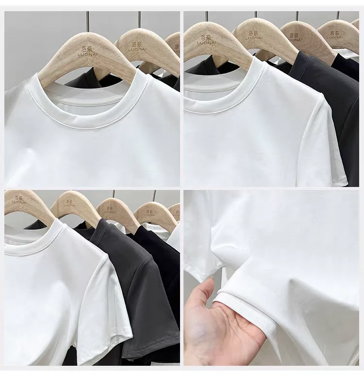 Baumwoll-T-Shirt für Damen Sommer 21 Einfarbig O-Ausschnitt Sexy Büro-Damen T-Shirt Figurbetont Schmal Basic Top Lässige Modekleidung – Detail 9