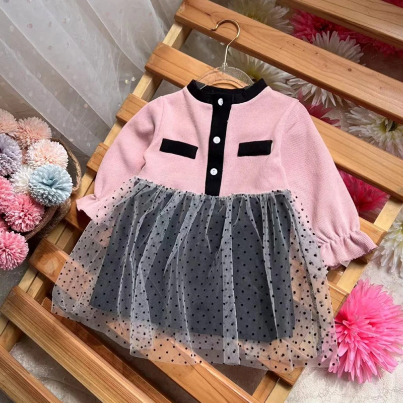 Autumn Girls Long Sleeve Dress Cute Knit Colorblocking Dress Spring New Korean Style Clothing Kids Fashion Dot Mesh Skirt