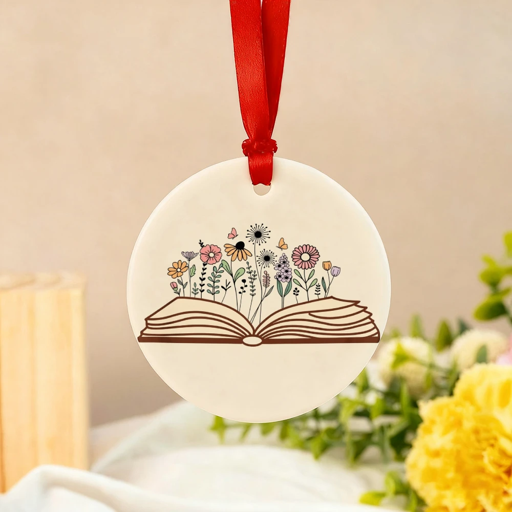 

1 piece of Christmas ornament - double-sided open book page floral and open book logo lanyard, 2.9-inch round white plaque