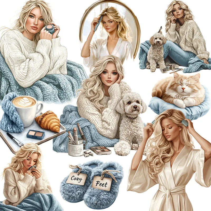 スクラップブッキング用のDIYクラフト装飾ステッカー、青と白の女の子のステッカー、アルバムジャンクジャーナル、パックあたり20個