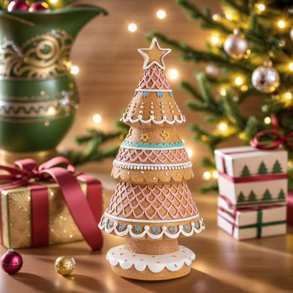 Árbol de pueblo de Navidad de pan de jengibre de resina, adorno de árbol de Navidad simulado pintado a mano con estatuilla de árbol de Navidad en polvo brillante
