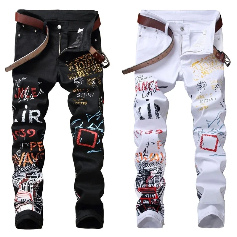 Plus Size 28-42 Men Punk Jeans Casual Fashion Street Hip Hop Cotton Stretch Long Denim Pants Straight Trousers no belt