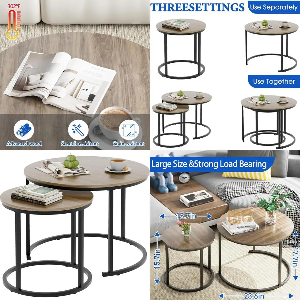 

Набор приставных и круглых кофейных столиков с 2 тумбочками, прочная металлическая рама, подходит для гостиной и спальни, отделка под дуб.