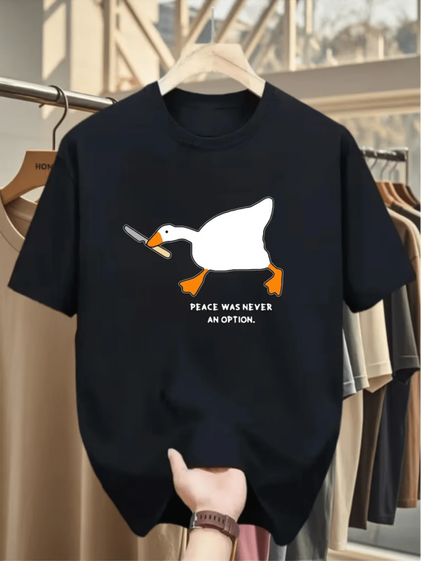 Goose With Knife Meme Graphic Mens T Shirt Peace Was Never An Option Animal Art Short Sleeve Crew Neck Cotton Tee Casual Top