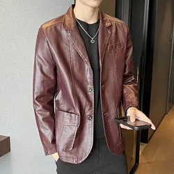 2026 New Khaki Men's PU Jacket, Dark Blue Burgundy Black Coat, Asian Size Slim Leather Blazers, M-5XL,2025 New