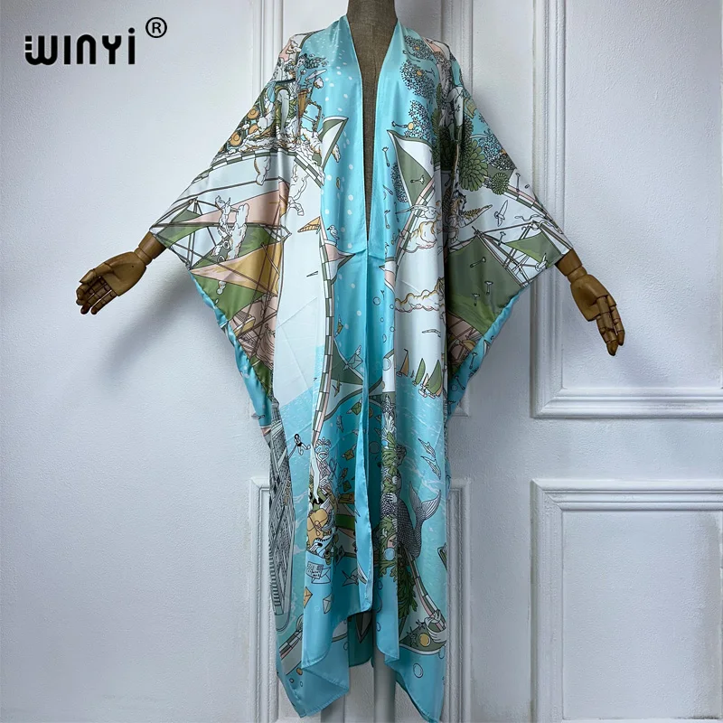 WINYI Africa fashion Beach cover up Boho flower print Cover Up Cardigan elegant Holiday Kimono beach outfits women kaftan dress