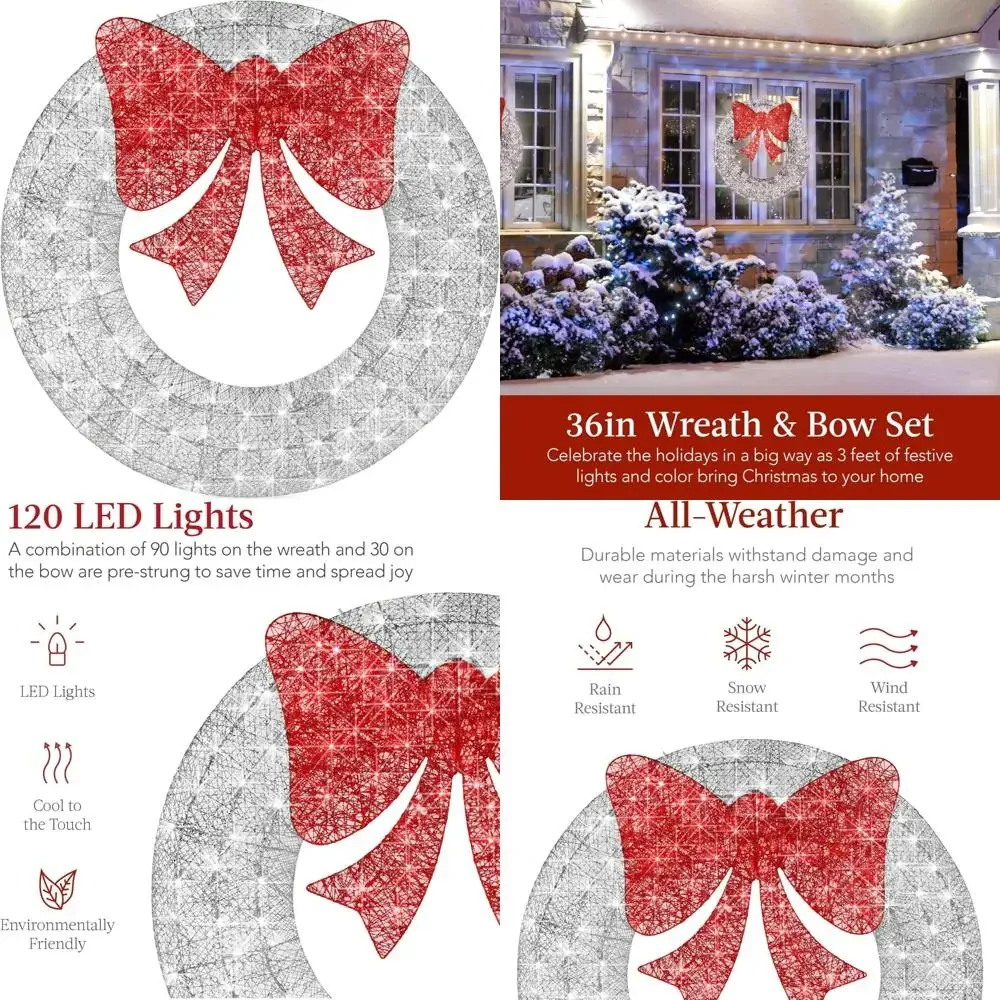 

Pre-Lit 36-inch Outdoor Christmas Wreath with 120 LED Lights, Metal Holiday Decor, Silver Bow for Home