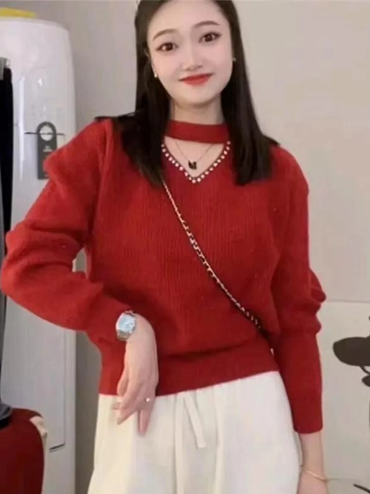 سترة محبوكة سميكة بياقة على شكل V للنساء، تصميم فضفاض يُلبس فوق الرأس، إصدار جديد للخريف والشتاء، ملابس داخلية نحيفة، أسلوب ع... #4