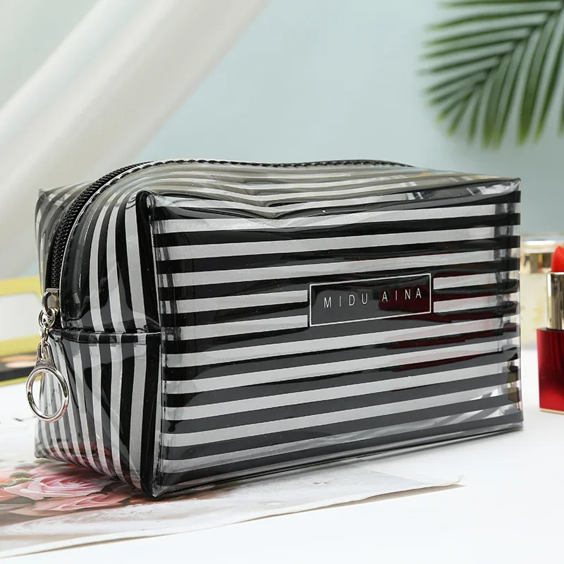 Summer Refreshing Translucent Large Capacity Storage Bag PVC Square Striped Minimally Designed Makeup Bag Makeup Brush Storage B