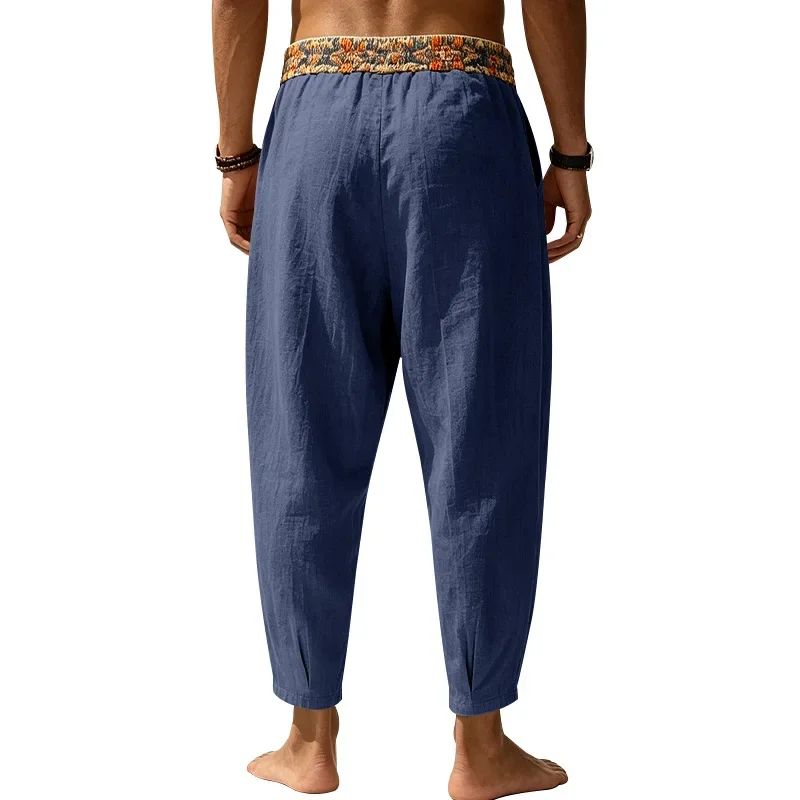 Herren 95% Leinen Haremshose Boho Blumenmuster Kordelzug Taille Lässige Weite Hose Strand Urlaub Knöchellange Hose – Detail 14