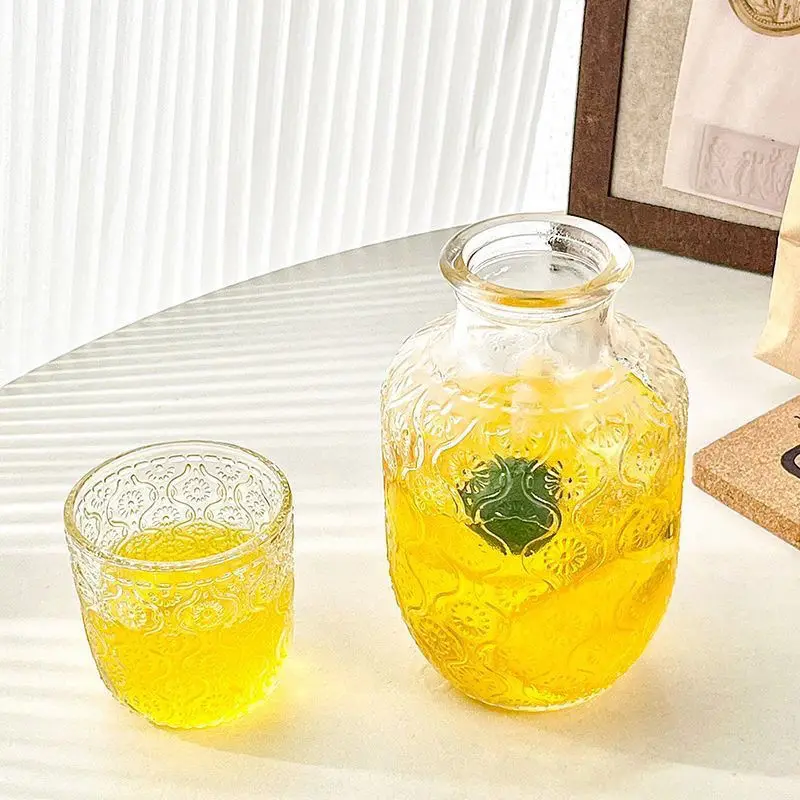 Glass Water Bottle One Pot One Cup Set Retro Transparent Embossed Crabapple Pattern Juice Ice Water Kettle Household Glass Cups