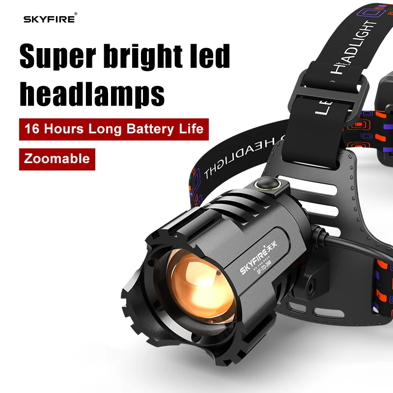 SKYFIRE 2022 Zoomable Headlamps Rechargeable Long Distance High Brightness Outdoor Camping Fishing Cycling Headlight SF-398