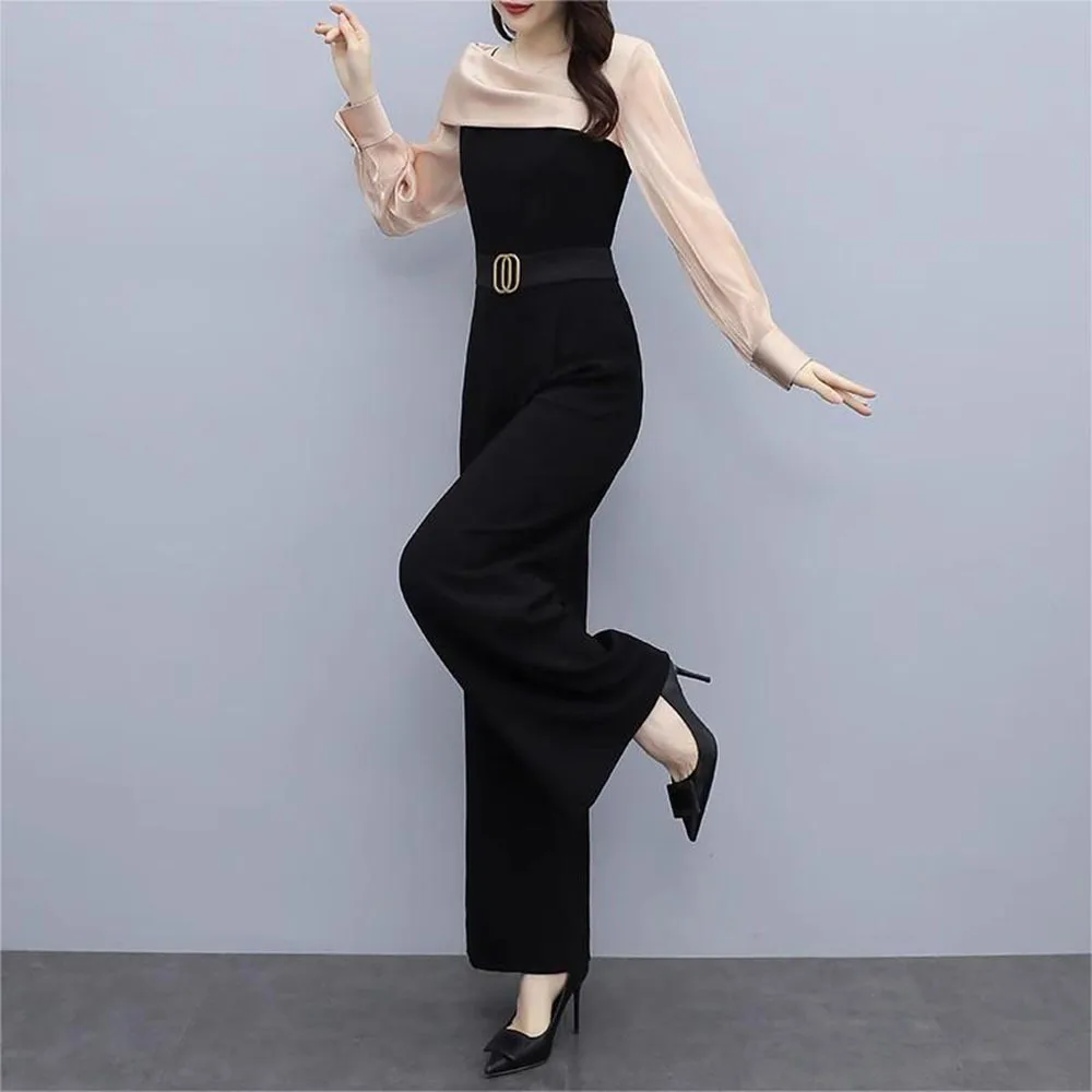 Koreaanse herfst kantoor patchwork wijde pijpen broek chique lange jumpsuit past dames losse elegante rompertjes dames casual werk met riem