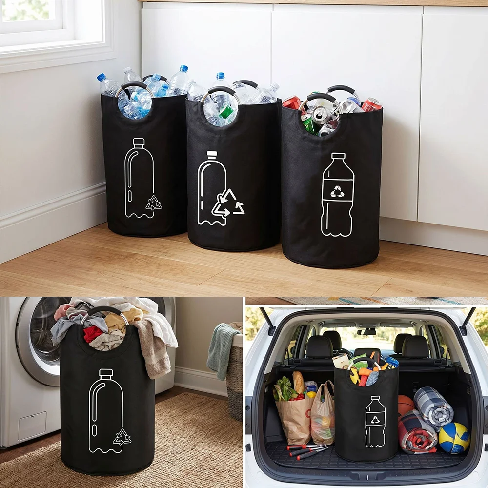 Large Capacity Empty Bottle Storage Basket Folding Recycling Bin with Aluminum Handle 82L Bottle Collector Bag Home Organizer
