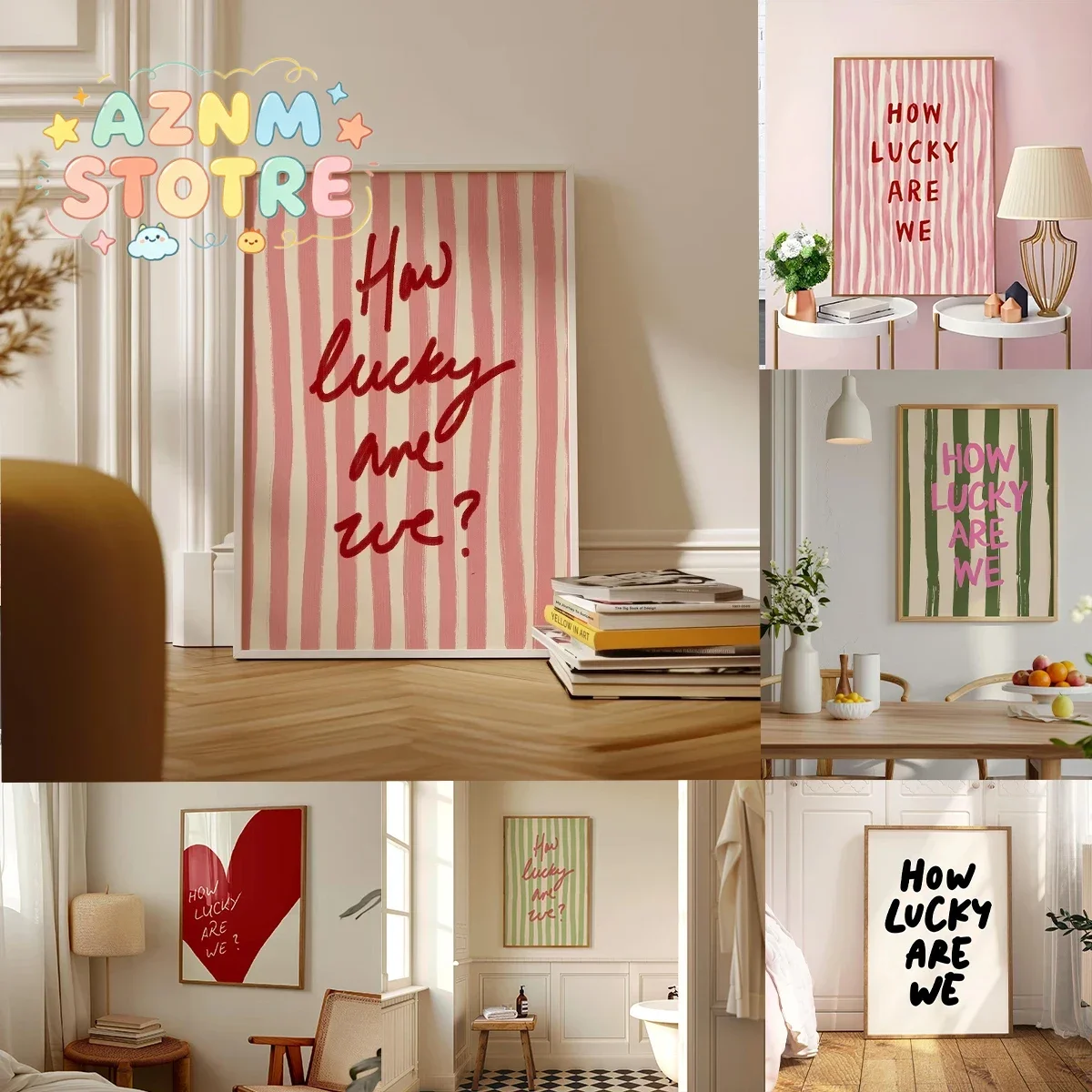 How Lucky Are We Pink Red Striped Wall Art Positive Inspirational Quote Poster Canvas Prints for Modern Living Room Home Deco