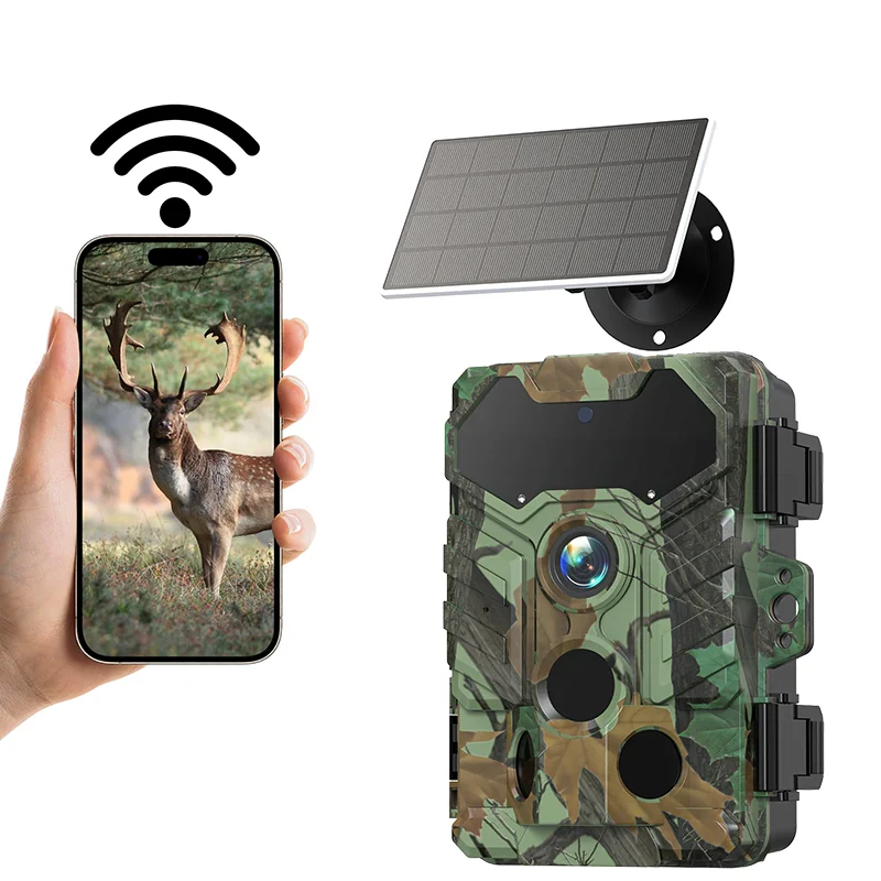 

Wifi App Remote Control Trail Camera Solar Power with Infrared Night Vision & 10,000mAh Battery Wildlife Camera for Hunting