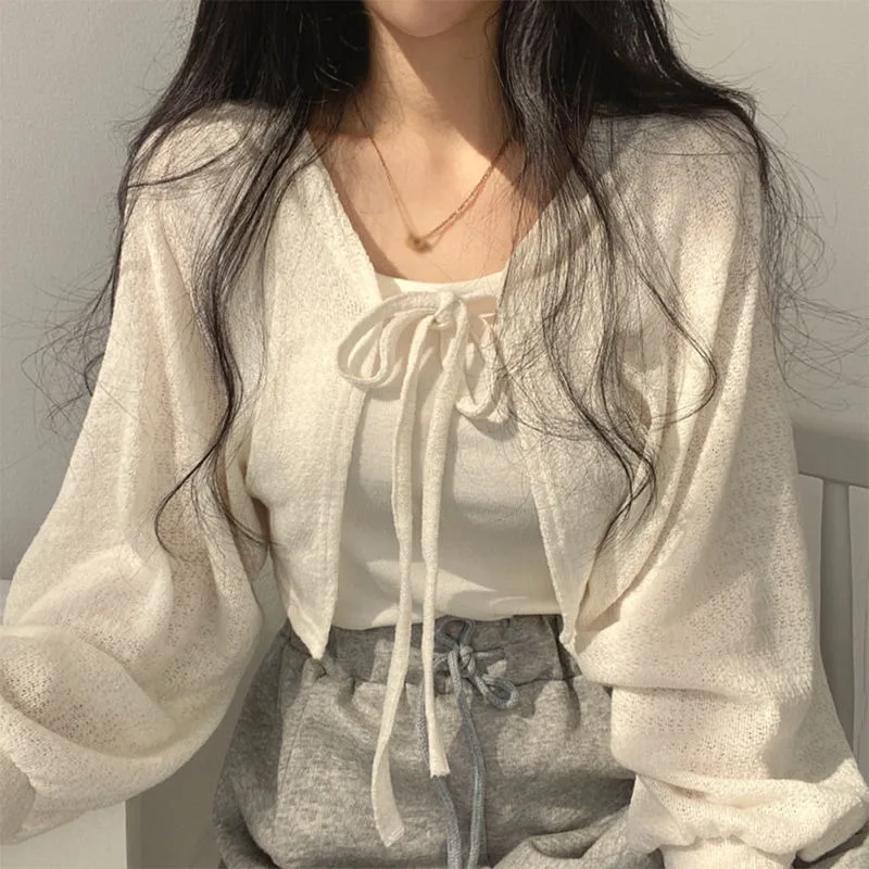 한국 스타일 코트 가디건 얇은 짧은 랜턴 소매 스트랩, 빈티지 단색 자외선 차단 디자인 센스