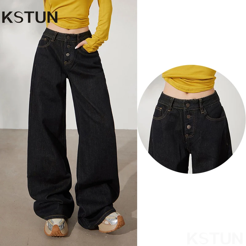 

KSTUN Spring Autumn Low Waist Women's Jeans Wide Leg Straight Loose Female Denim Pants Vintage Streetwear Fashion Buttons Design