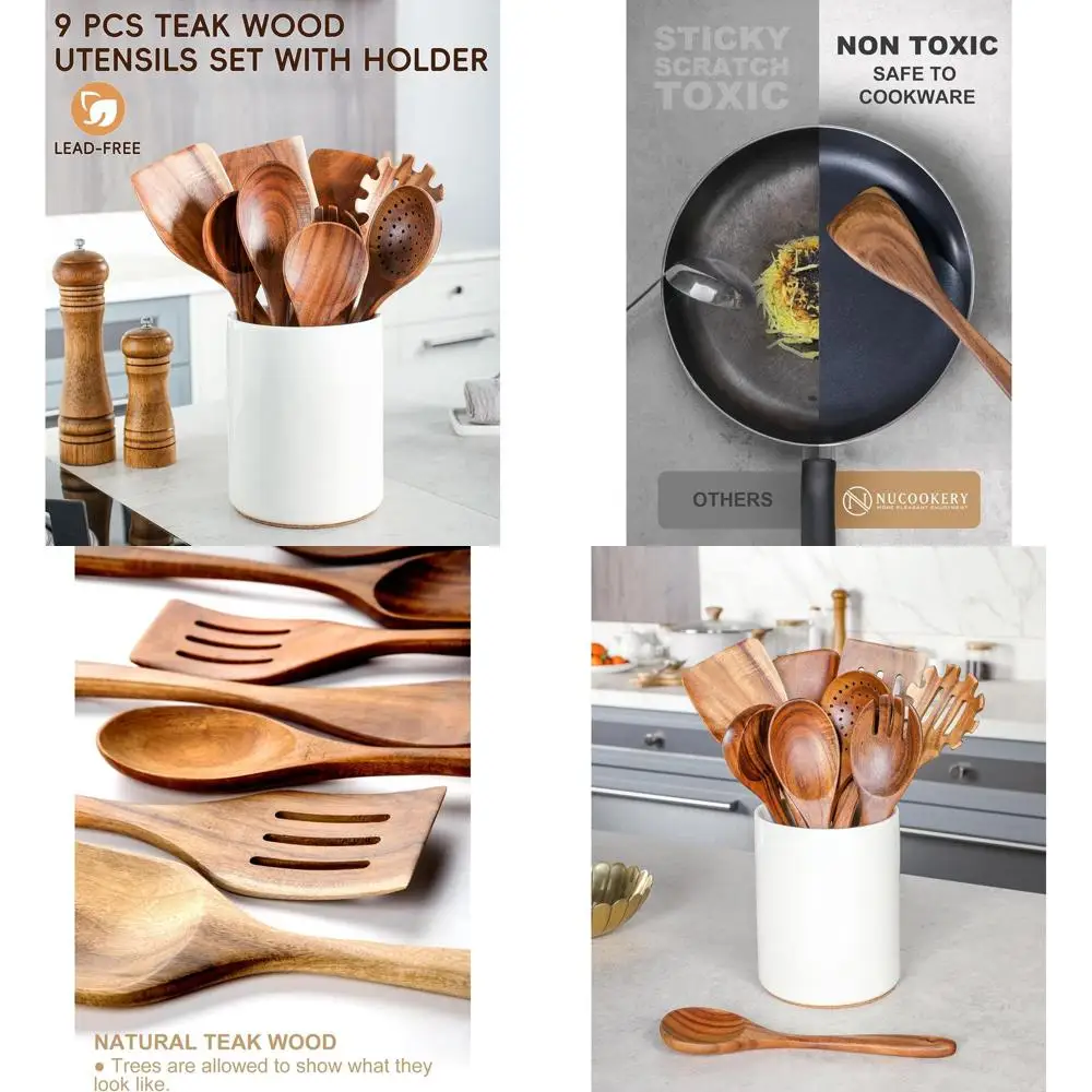 

Набор кухонных принадлежностей из тикового дерева из 10 предметов с белым керамическим держателем