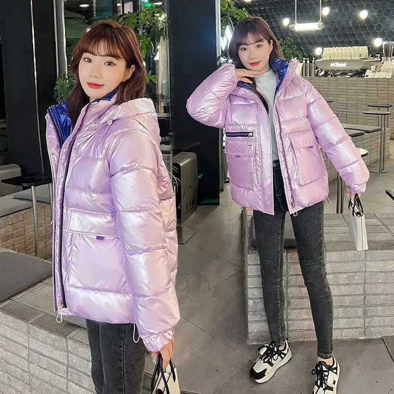 

New Women, No-wash Glossy Down Cotton Jacket Korean Long Padded Cotton Coat, Thicke Warm Winter Female Hooded Parker Overcoat